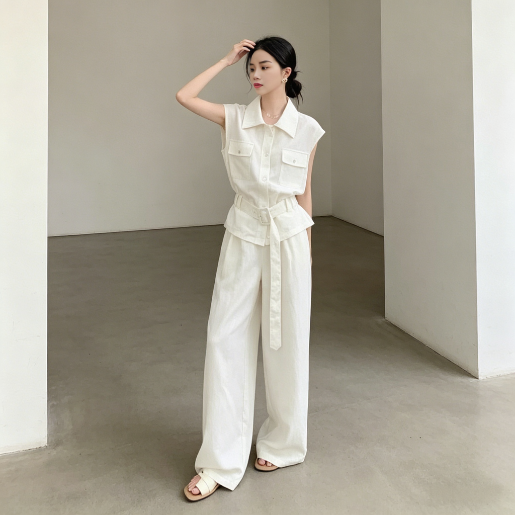 LP老钱风夏季亚麻套装高端时尚翻领收腰飞袖衬衫休闲阔腿裤两件套