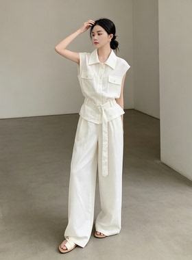 LP老钱风夏季亚麻套装高端时尚翻领收腰飞袖衬衫休闲阔腿裤两件套