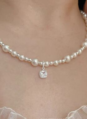 2024年新款方糖白钻珍珠项链生日礼物感锁骨链礼服气质配饰