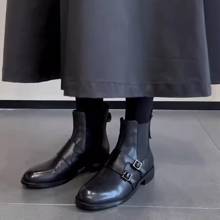 牛皮低跟复古切尔西短靴女显瘦