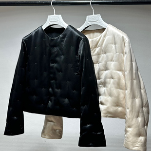 过年新衣十四姐姐高端精品三醋酸缎面鹅绒羽绒服女盘扣立领短外套