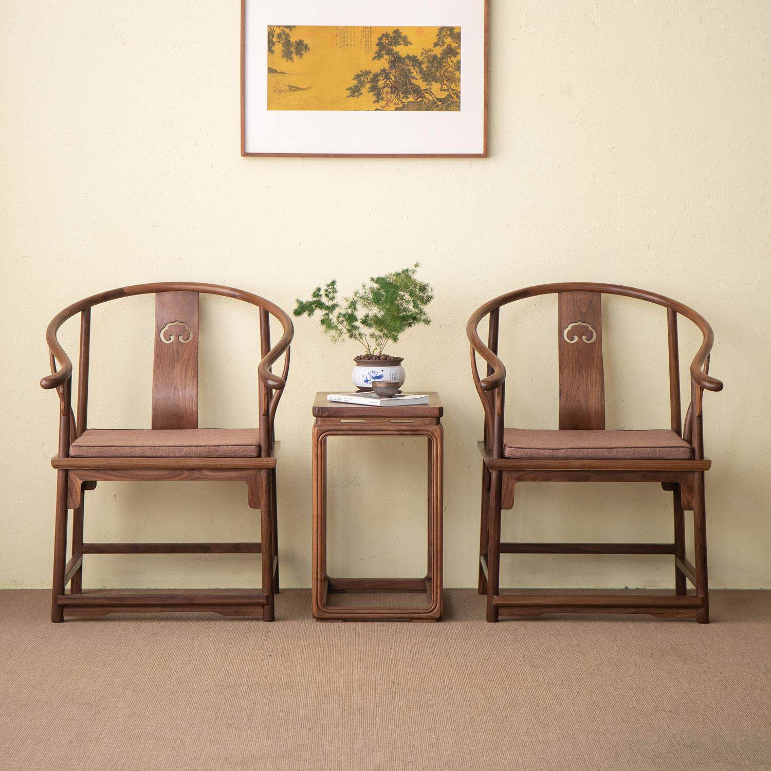 杪轩新中式三件套北美黑胡桃木圈椅茶几禅椅角几太师椅禅意家用,住宅家具,圈椅,淘宝优惠券,粉丝福利购,淘宝优惠卷