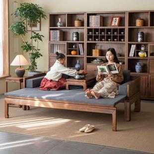 杪轩新中式黑胡桃木罗汉床推拉床榻小户型客厅简约伸缩两用沙发床