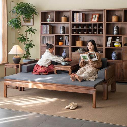 杪轩新中式黑胡桃木罗汉床推拉床榻小户型客厅简约伸缩两用沙发床