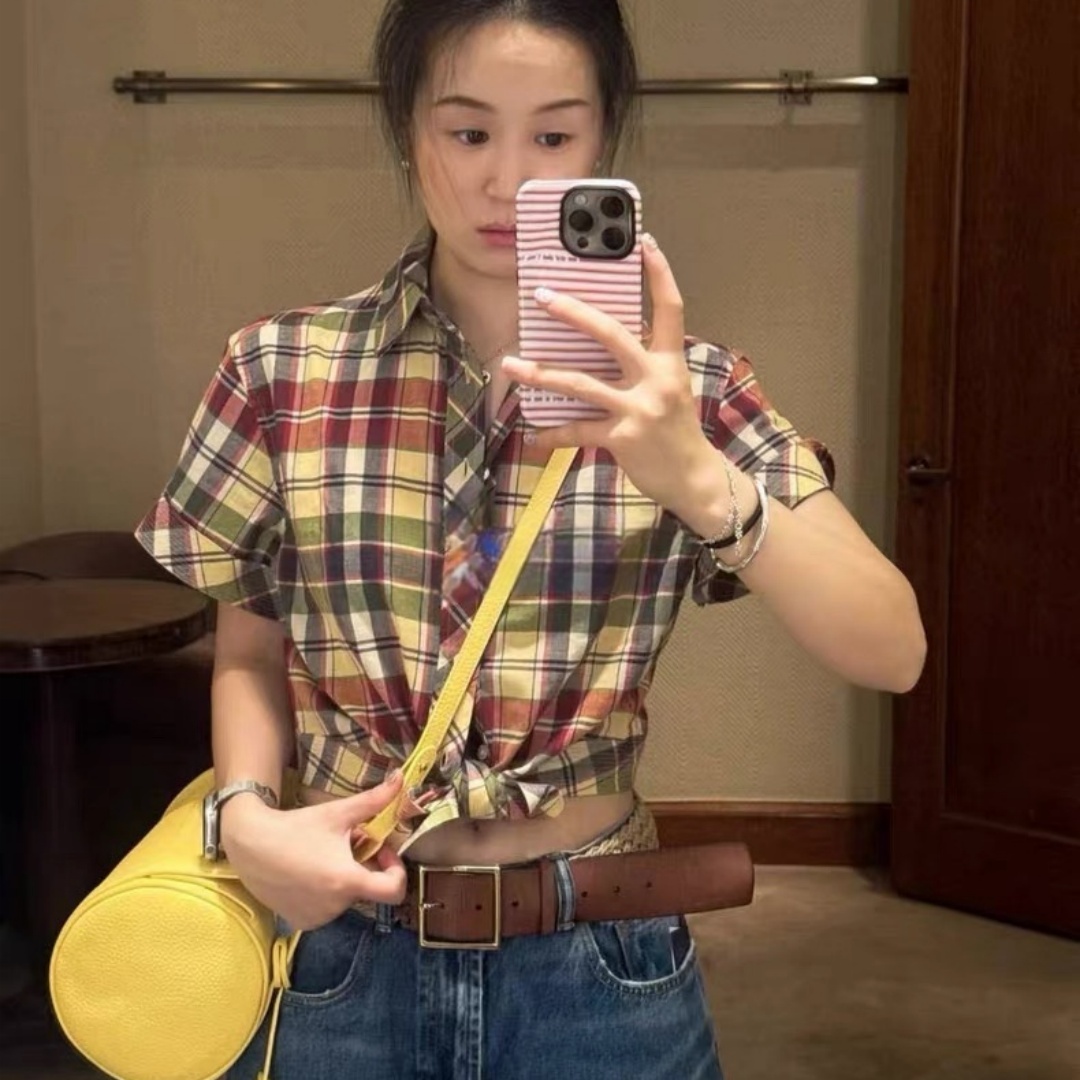 美系R标女士格子衬衫 夏季新复古纯棉斜纹格子系带短袖金玟庭同款