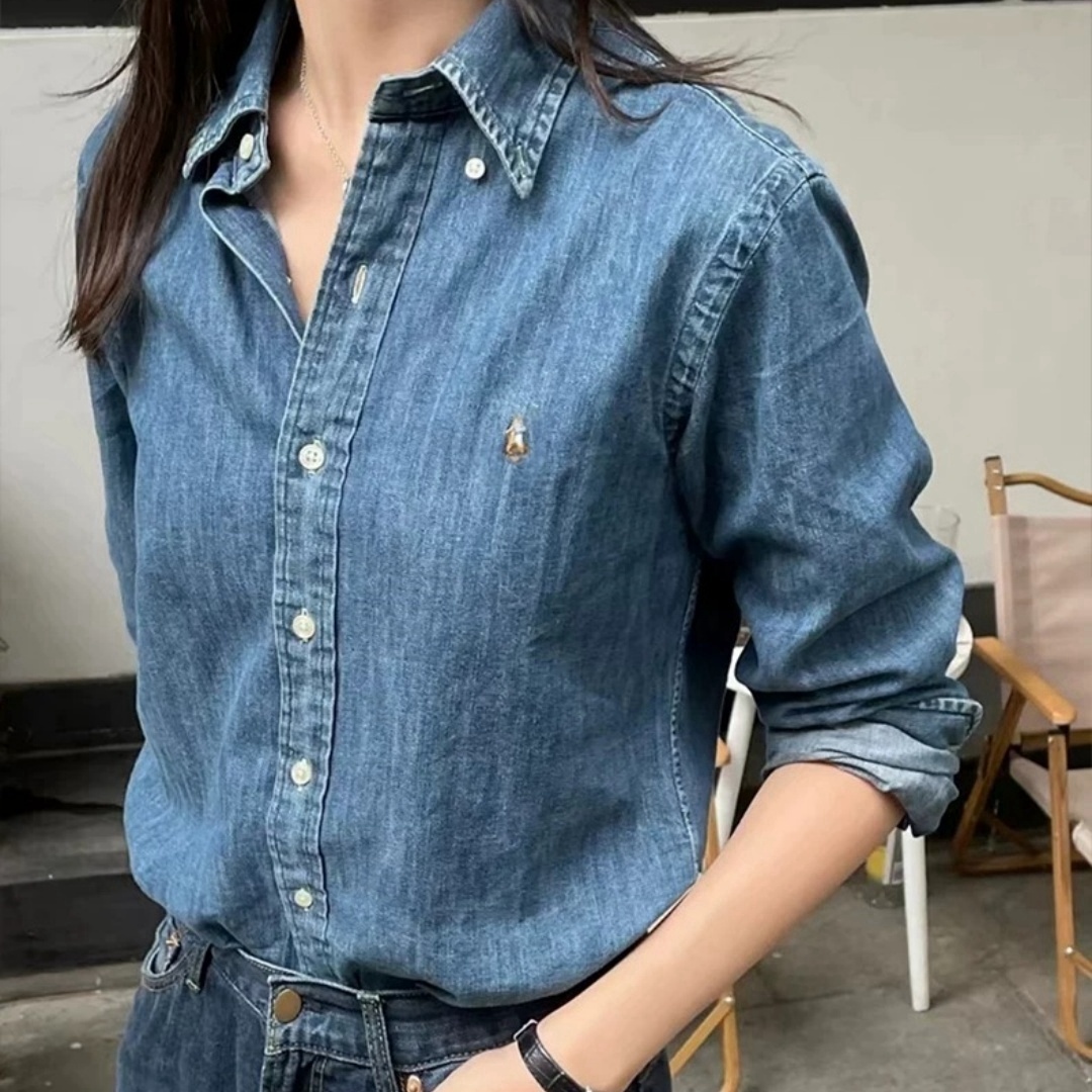 元货~美系R标牛仔衬衫2025春秋女士小马刺绣复古衬衫外套宽松衬衣