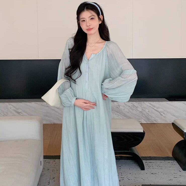 气质显瘦甜美穿搭2025春款ins超火孕妇休闲时尚宽松长款裙子法式