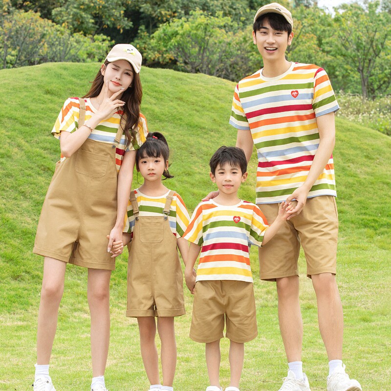 春季亲子装一家三四口短袖条纹新款潮洋气母女背带套装夏亲子班服