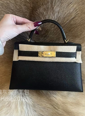 二代Mini凯莉包19 黑色金扣Madame皮拼蜥蜴皮 全手工制作手提斜挎