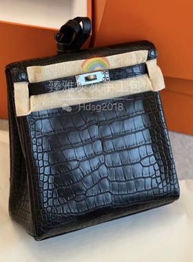 凯莉书包Ado 黑色雾面美洲鳄鱼皮 银扣 全手工制作双肩包