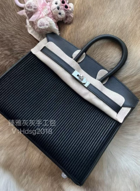 铂金包25 灯芯绒拼皮款黑色 全手工制作手提包