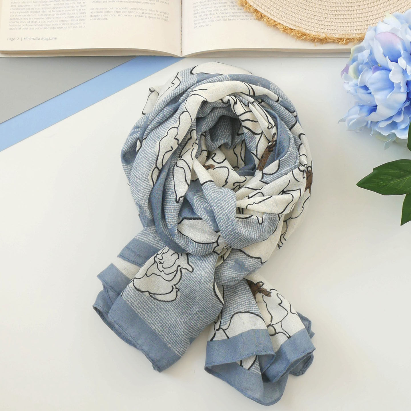 蓝调花影 清冷文艺棉麻围巾 气质款春季度假旅游遮阳丝巾薄披肩