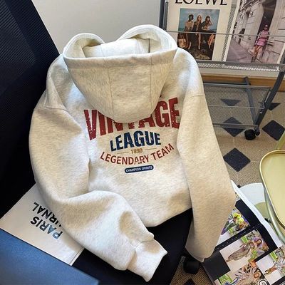 灰色复古情侣连帽卫衣女秋冬美式超好看加绒加厚休闲上衣