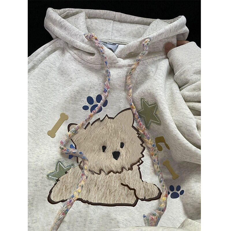 美式慵懒风可爱毛绒小狗连帽卫衣女秋冬oversize加绒加厚高街外套