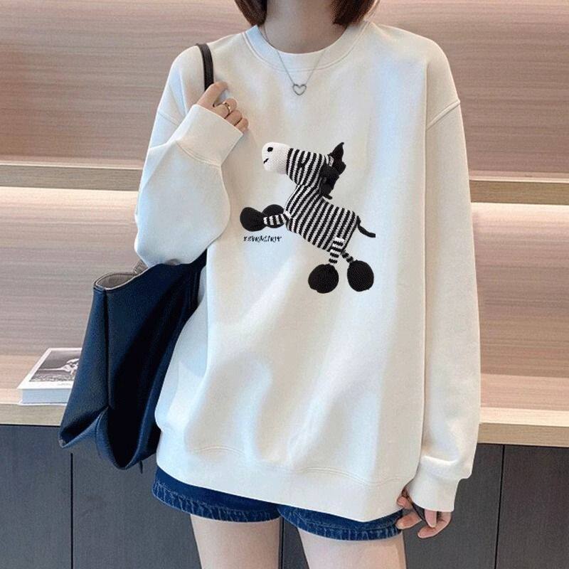 2025爆款时尚洋气白色卫衣女新款秋冬季加绒无帽圆领休闲上衣潮牌