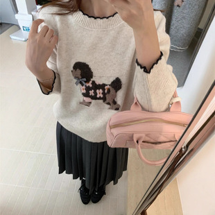 东大门韩系温柔减龄休闲百搭撞色花边圆领卡通小狗针织毛衣上衣女