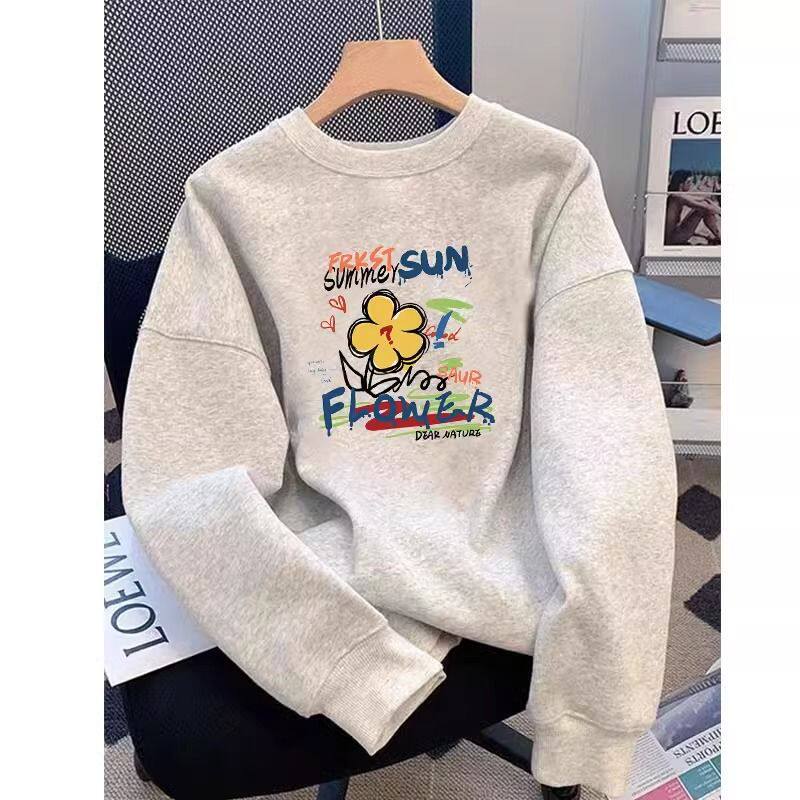 2025秋冬季宽松百搭休闲新款花灰色加绒加厚卫衣女小个子上衣外套