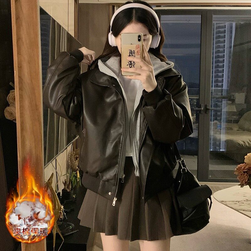 冬季新款女装时尚假两件拼接夹棉皮衣连帽夹克棉服外套