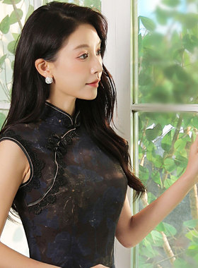 25新款复古紫色提花香云纱日常修身宴会妈妈高考中长手工旗袍礼服