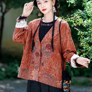 外套复古宽松V领休闲上衣 短款 6361 实拍民族风重工满绣国风秋季