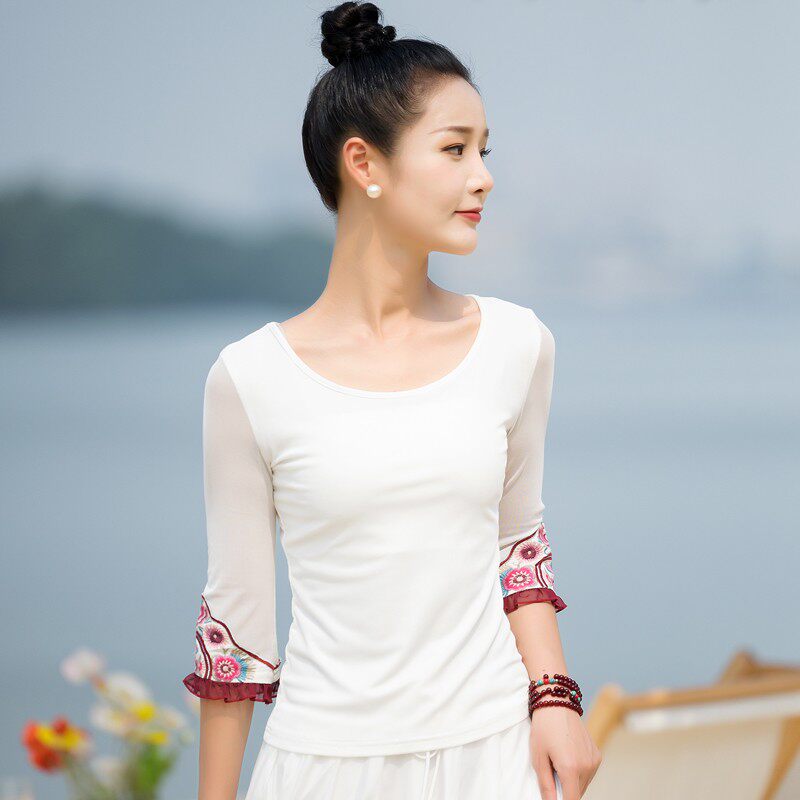 实拍夏季民族风女装网纱袖圆领拼接绣花T恤女紧身显瘦修身打底衫