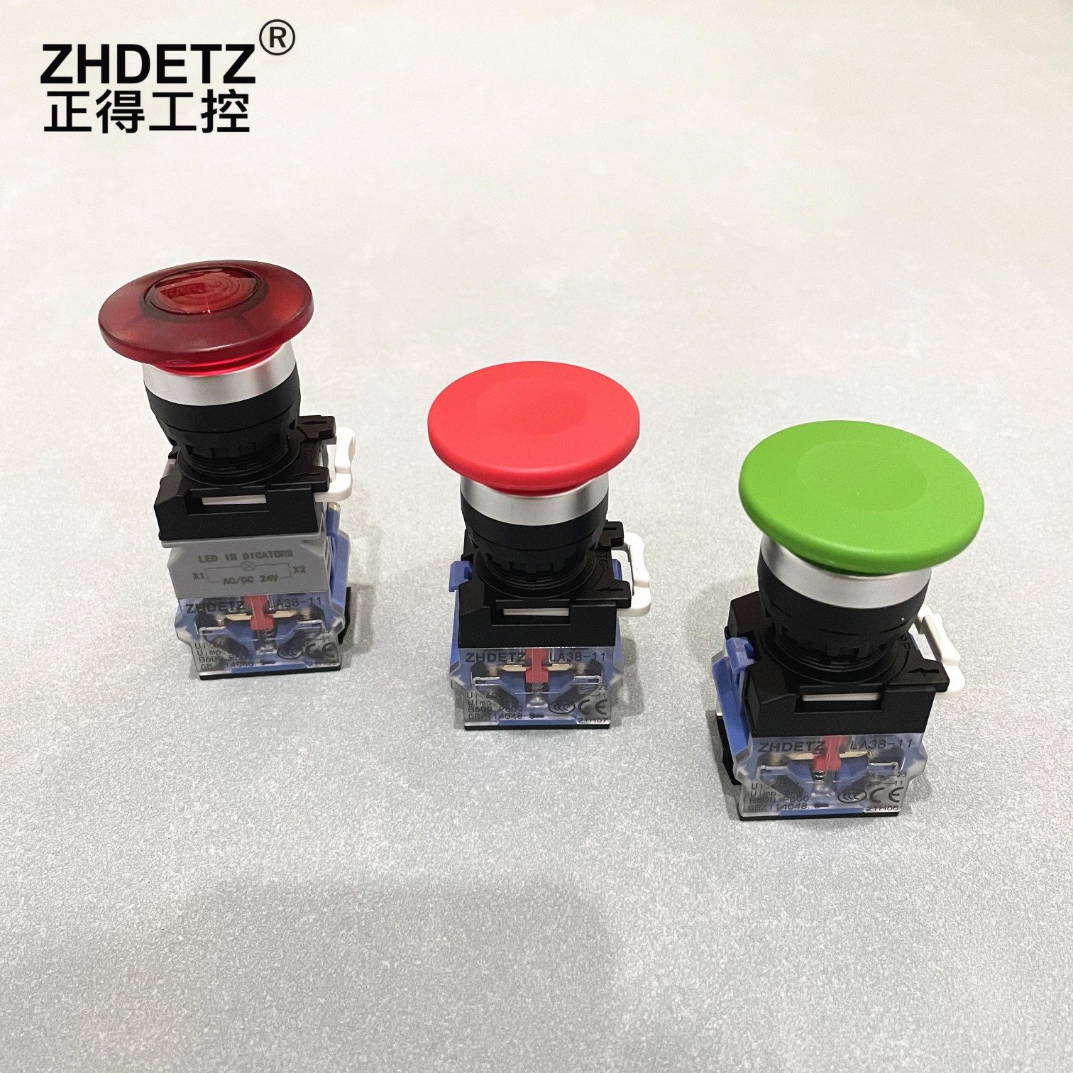 ZHDETZ正得工控LA38-11M蘑菇头按钮带灯大头按钮LA38-11MD一开一