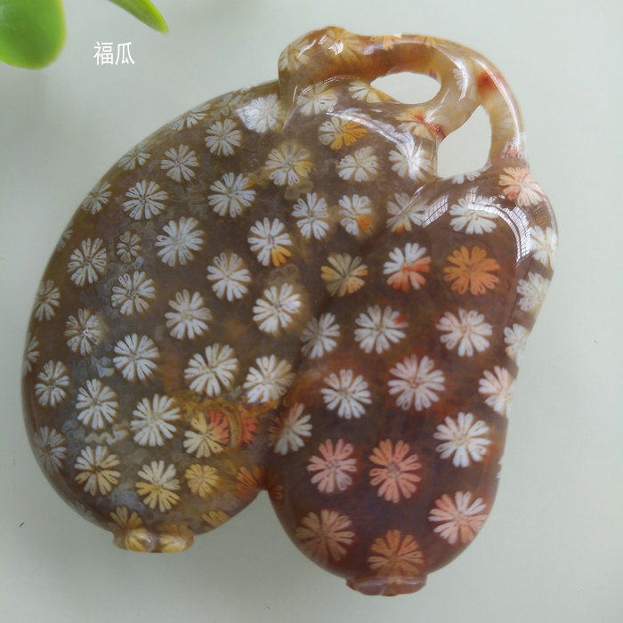 小乔珠宝天然印尼珊瑚玉精品彩花福瓜吊坠项链带古生虫菊花石