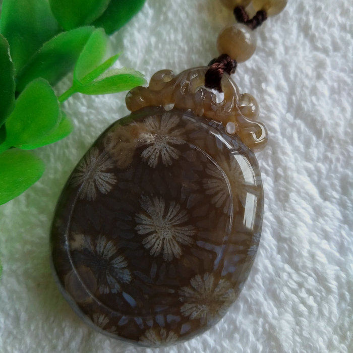 已结缘  黑冰大花藏品天然印尼珊瑚玉吊坠毛衣项链挂件精品菊花石