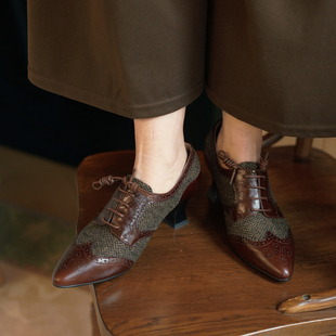 旗袍小皮鞋 民国大码 复古英伦拼接布洛克中跟系带深口单鞋 奈里法式