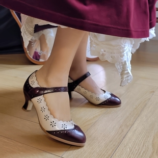 40旗袍高跟鞋 传世大码 复古拼色镂空一字带粗跟玛丽珍单鞋 奈里法式