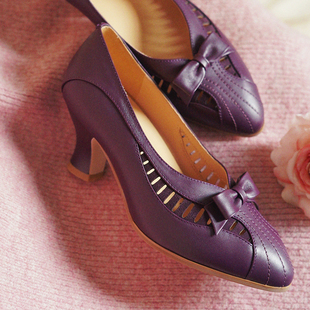 奈里法式复古优雅紫色镂空蝴蝶结高跟鞋民国粗酒杯跟旗袍高跟单鞋