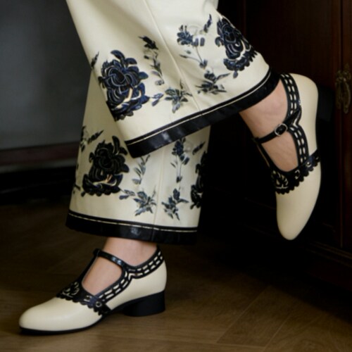 丁字扣带玛丽珍单鞋复古黑白拼色