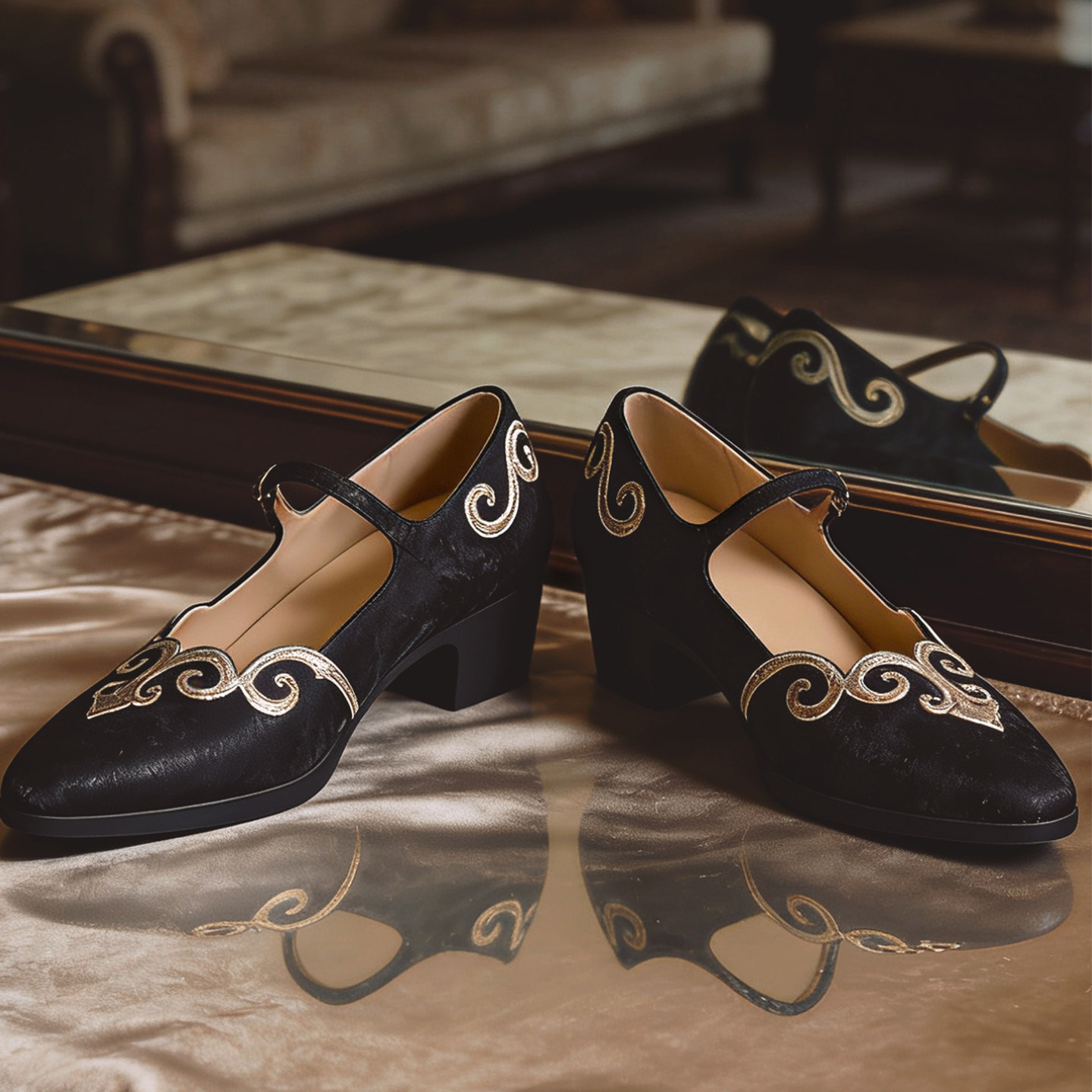 奈里静音复古民国中式黑金如意纹旗袍粗跟单鞋百搭一字带玛丽珍鞋,女鞋,浅口单鞋,淘宝优惠券,粉丝福利购,淘宝优惠卷
