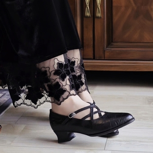 民国交叉带优雅旗袍单鞋 奈里设计法式 复古黑棕牛皮尖头粗跟小皮鞋