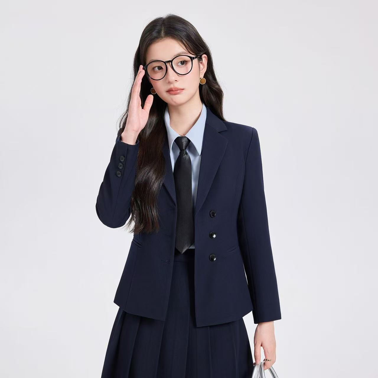 藏青职业西装套装面试正装小个子