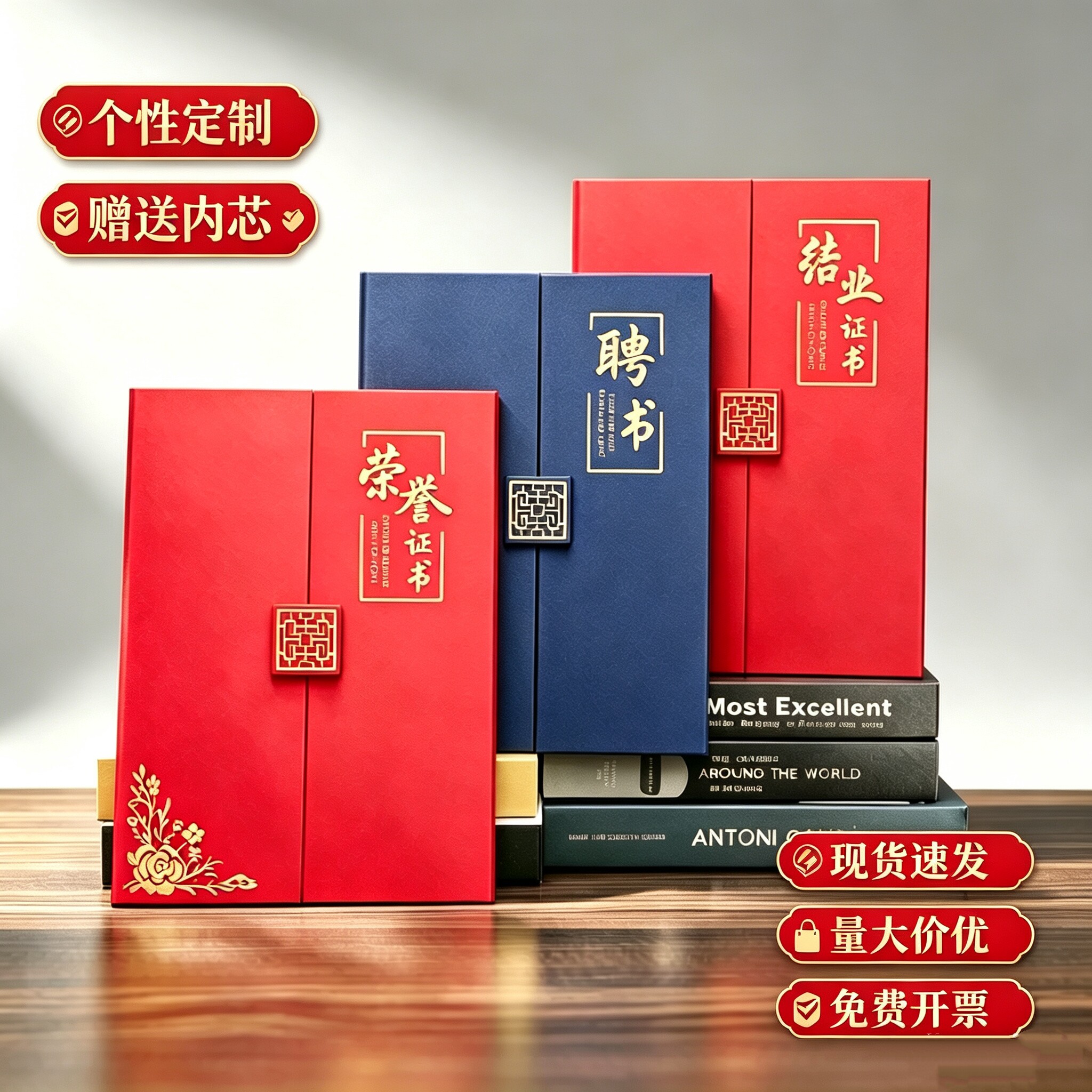 新款红色三折竖版荣誉证书外壳烫金获奖聘书捐赠颁奖证书皮A4现货 - 实物图