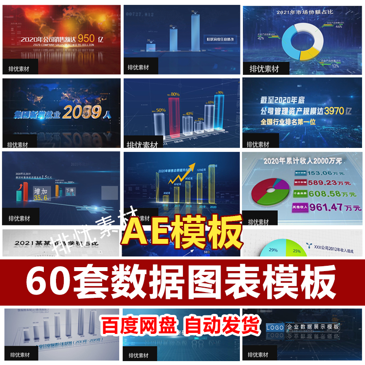 企业数据增长饼柱状图表AE模板年终总结汇报统计销售业绩视频素材