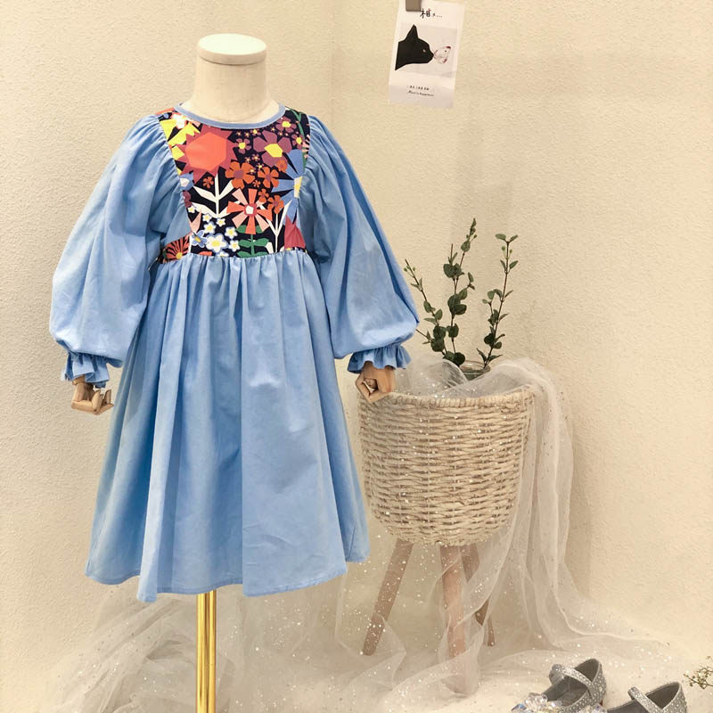 包邮21年新款女童纯棉花朵拼接连衣裙 中大童气质清新公主裙裙衫