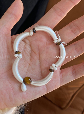 Annie Jewelry新中式质感复古风 天然虎眼石磨砂半月弯管弹力手串