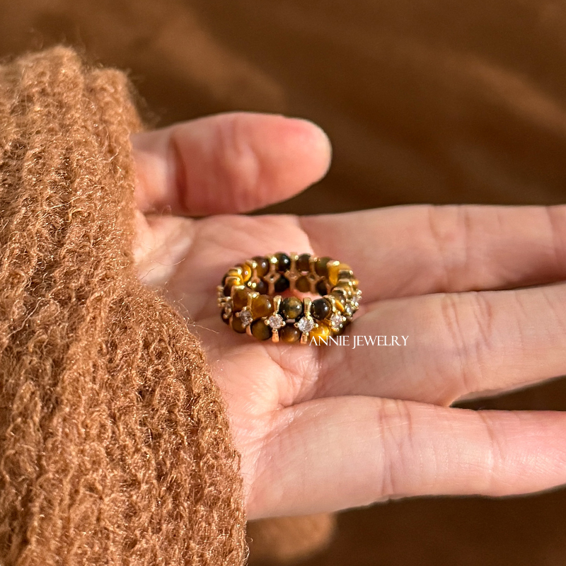 Annie Jewelry 简约复古INS 秋冬美拉德系天然虎眼石锆石弹力戒指