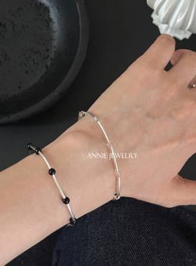 Annie Jewelry清冷感 叠戴造型通体纯银天然黑玛瑙白水晶弯管手串