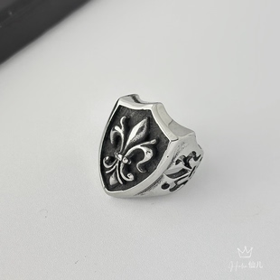 欧美盾牌钛钢男士戒指复古童军花指环潮人介子个性百搭嘻哈配饰