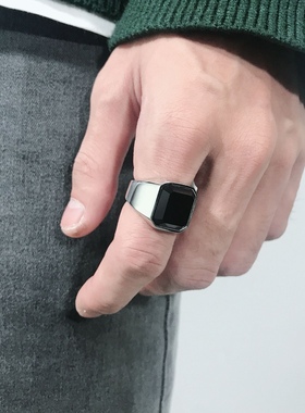 宽版黑玛瑙钛钢男士戒指欧美包邮