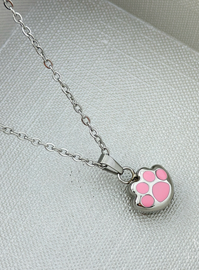 可打开空心软萌粉小爪印吊坠钛钢项链女简约朱砂纪念宠物骨灰饰品