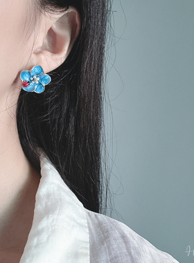 时尚饰品925银针瓢虫蓝色花朵耳钉女轻奢设计感气质耳饰油画风