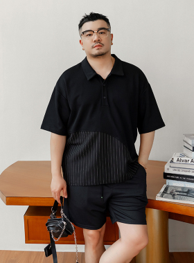 GEEEKPANDA加肥加大宽松大码男夏翻领不规则条纹拼接抗菌POLO9224