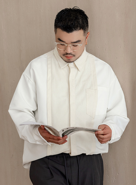 GEEEKPANDA加大宽松大码秋冬男翻领撞色不对称拼接长袖衬衫9258