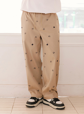 GEEEKPANDA大码男宽松加肥卡通印花松紧裤绳腰微锥卡其直筒裤8938