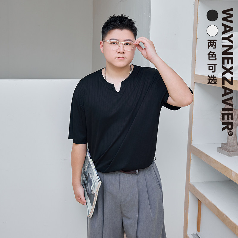 GEEEKPANDA宽松大码男夏水滴V领竖条暗纹莫代尔显瘦透气T恤5132
