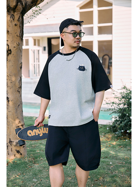 250gGEEEKPANDA加大宽松大码男夏圆领卡通印花撞色插肩袖T恤9386